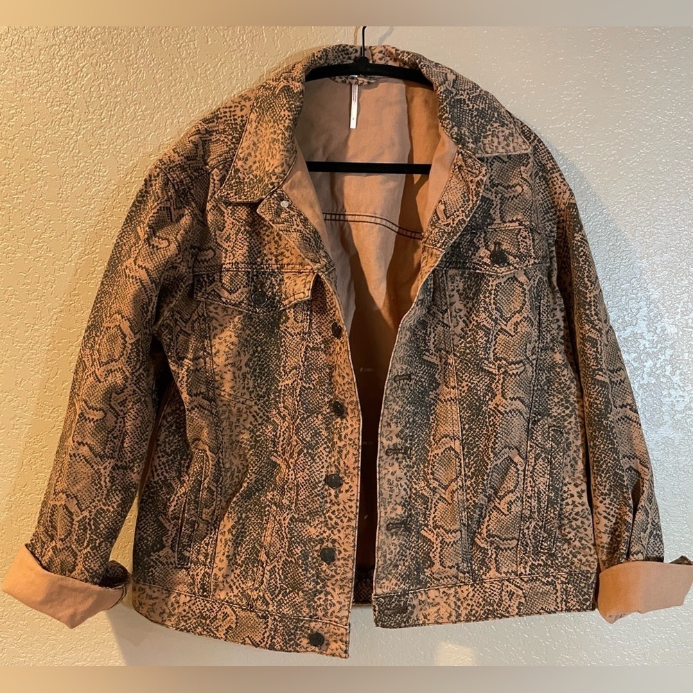Free People Black and Tan Snakeskin Patterned Denim Jacket - Picture 1 of 6